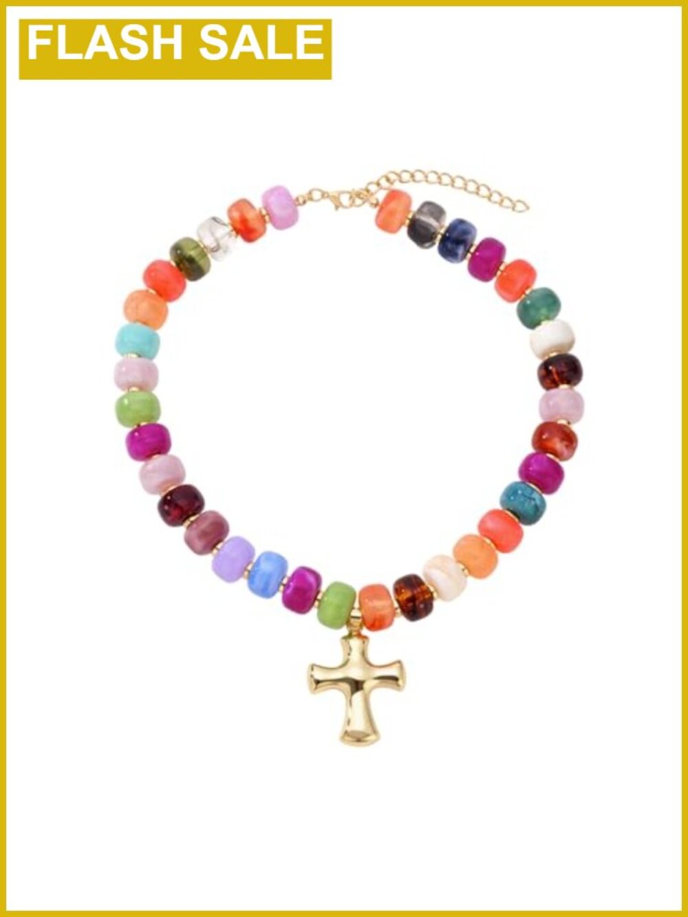 Chunky Beaded Cross Pendant Choker Necklace Lobster Clasp 16-18 Inch